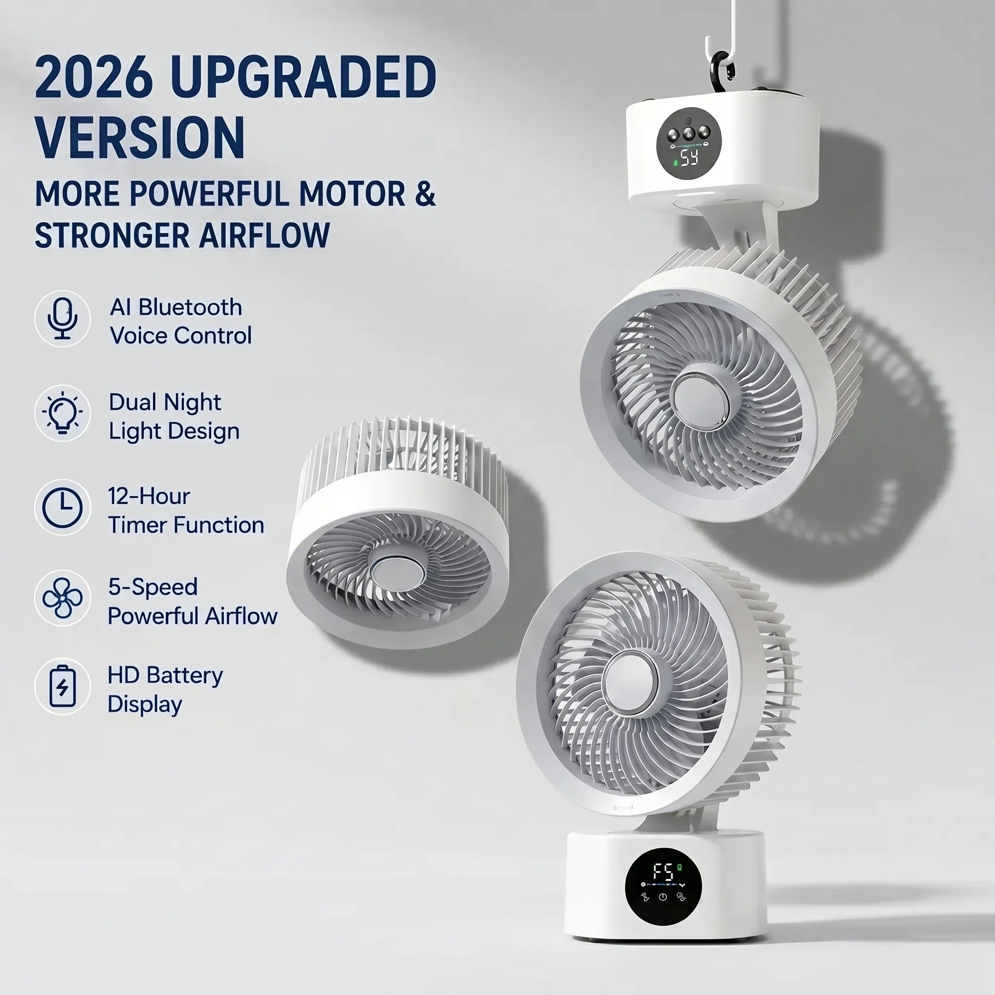 Portable Wall-Hanging Fan With Remote And Voice Control | Smart Voice Rechargeable USB Household Electric Folding Fan Nightlight Air Cooler