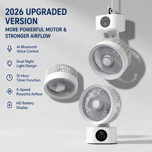 Portable Wall-Hanging Fan With Remote And Voice Control | Smart Voice Rechargeable USB Household Electric Folding Fan Nightlight Air Cooler