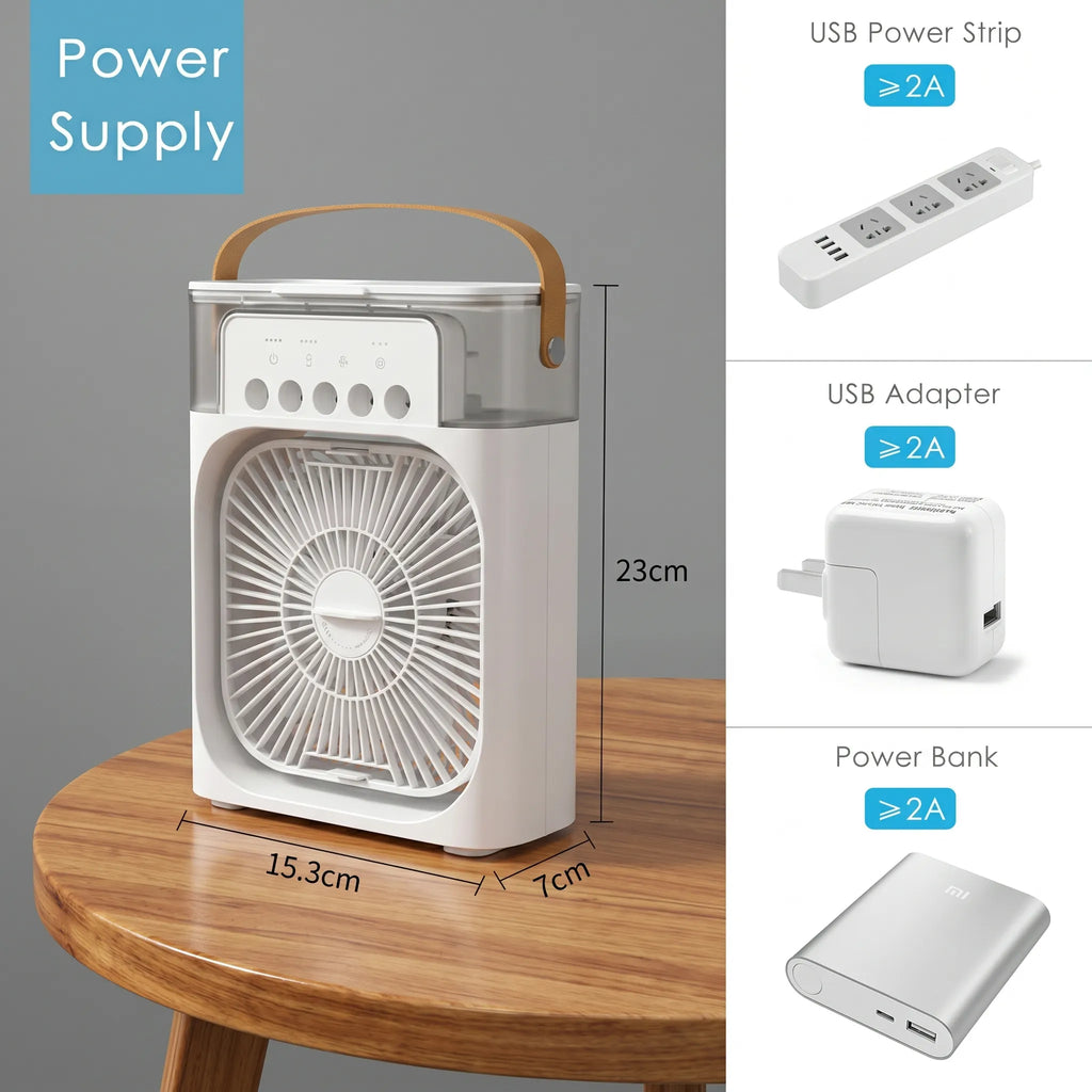 3-in-1 Portable Air Cooler & Humidifier | USB Personal Mini Desk Fan with 7-Color LED