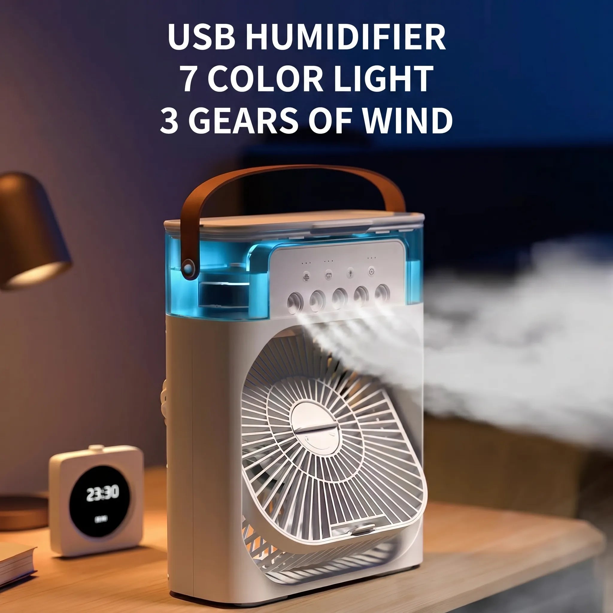 3-in-1 Portable Air Cooler & Humidifier | USB Personal Mini Desk Fan with 7-Color LED