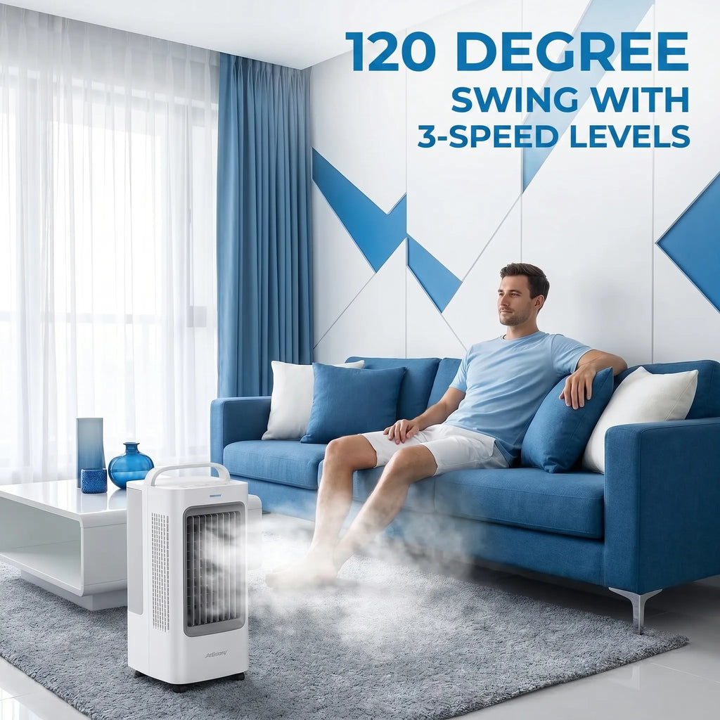 1700ml 3-in-1 Portable Mini Air Cooler & Humidifier | 120° Oscillating Bladeless Desk Fan with Smart Touch