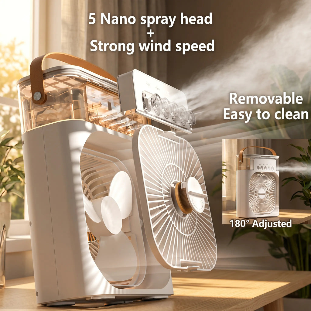 3-in-1 Portable Air Cooler & Humidifier | USB Personal Mini Desk Fan with 7-Color LED