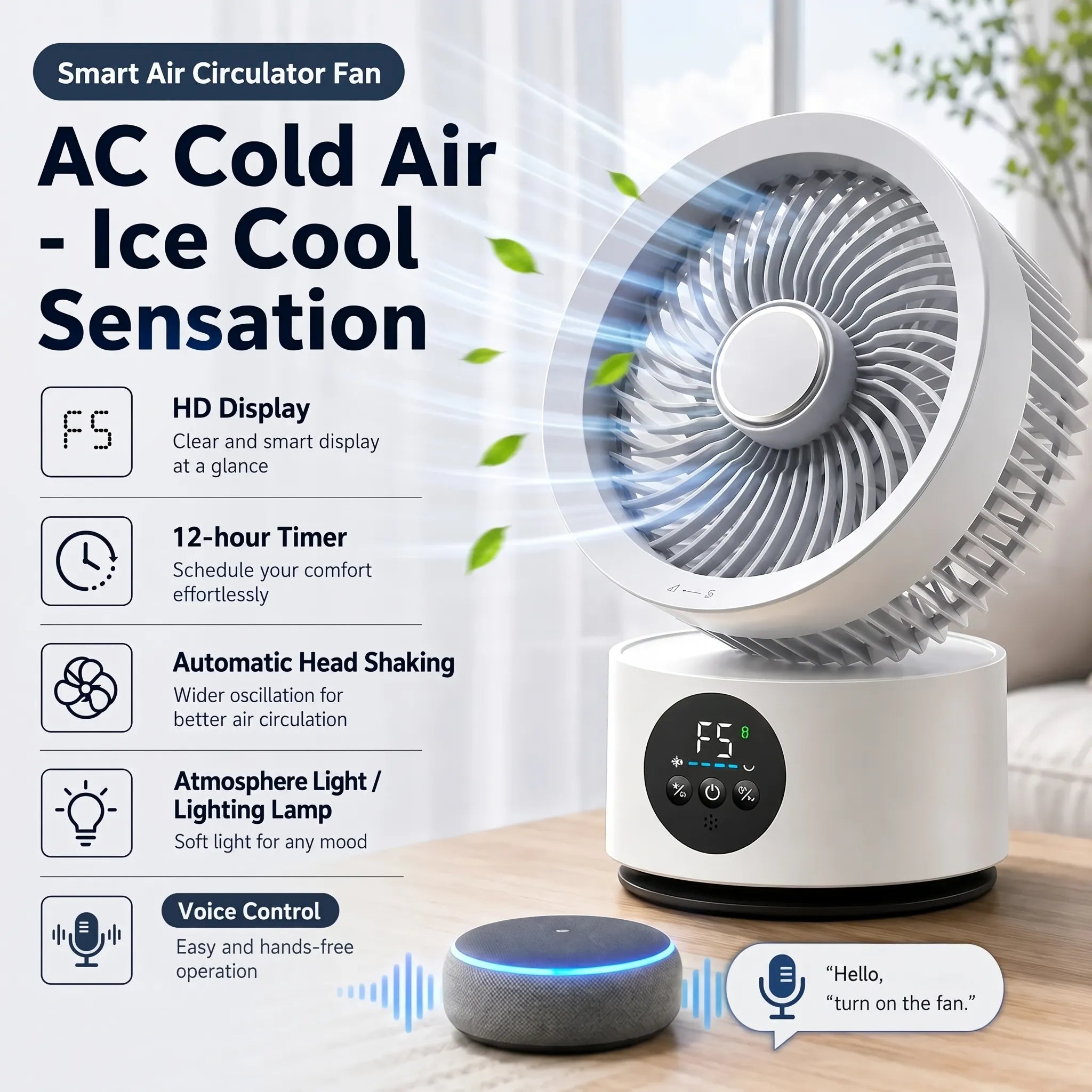 Portable Wall-Hanging Fan With Remote And Voice Control | Smart Voice Rechargeable USB Household Electric Folding Fan Nightlight Air Cooler